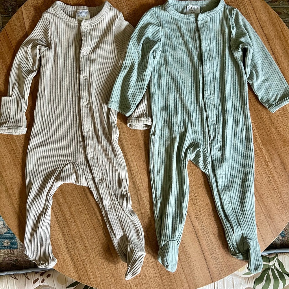 Mebie Baby Ribbed Cream and Green Footies One Piece